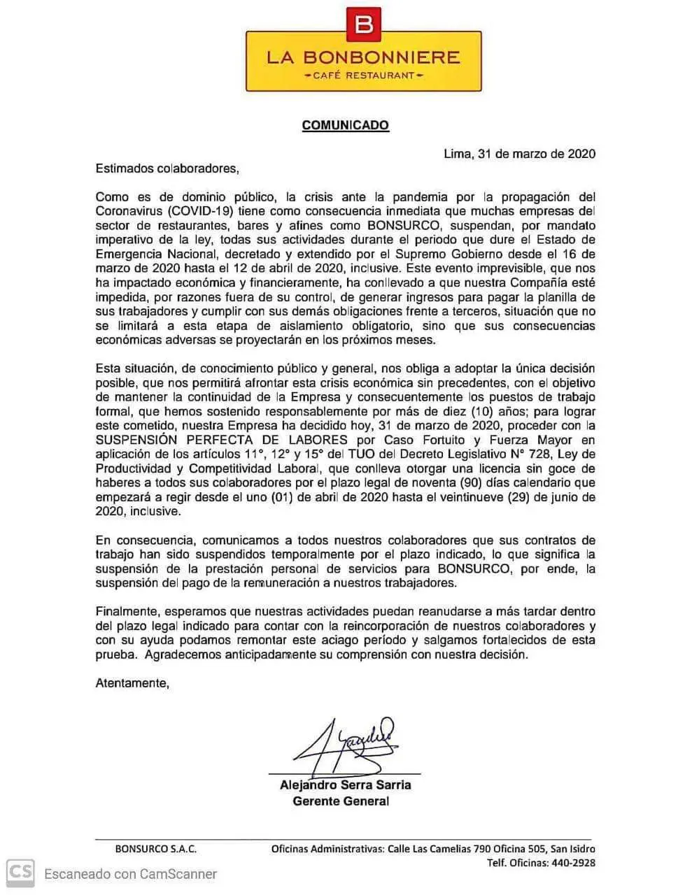 Suspension Perfecta de Labores - Comunicado