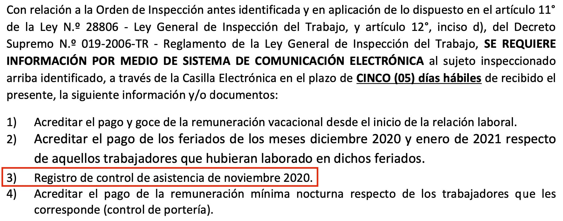 Requerimiento de SUNAFIL Registro de Control de Asistencia