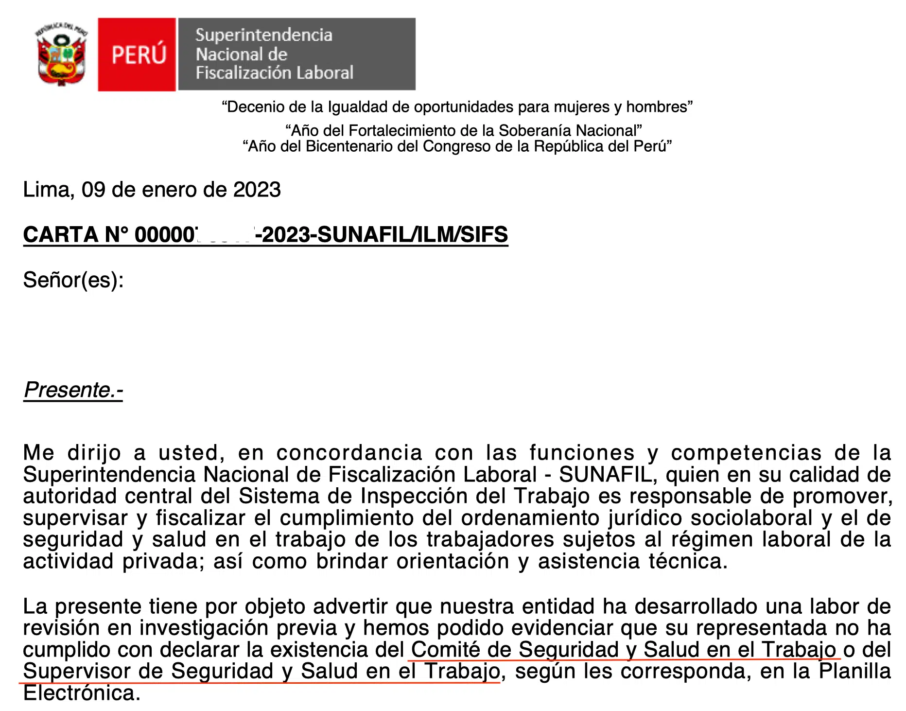 Carta Inductiva SUNAFIL-Seguridad Salud Trabajo